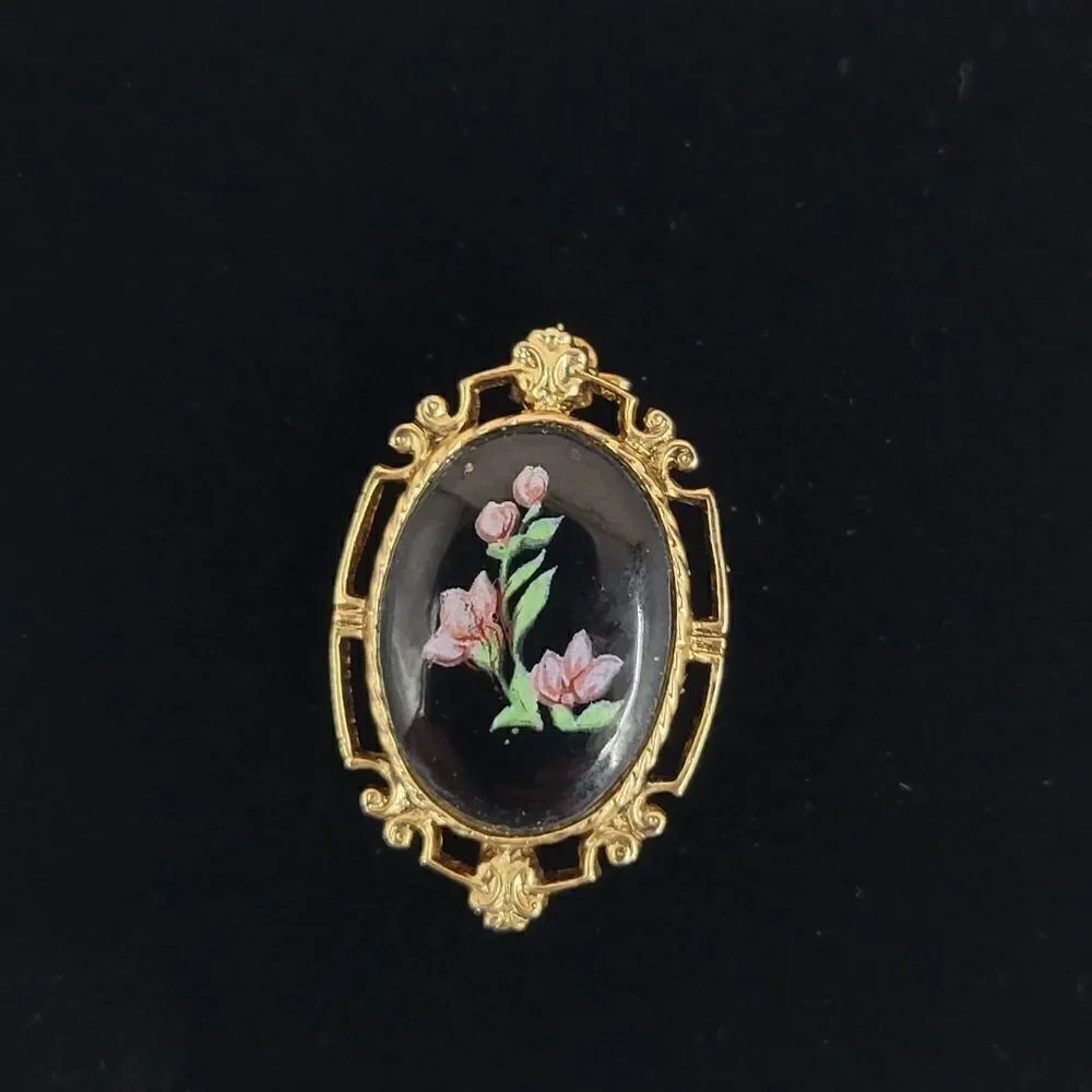 Vintage 80s Victorian Style Lapel Pin Brooch Gold Tone Black Center with Flowers